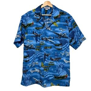 VTG Pacific Legend Mens Hawaiian Patriot‎ WW2 War Airplanes Shirt Size Large USA
